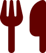 Dark red fork and knife icon on a black background.