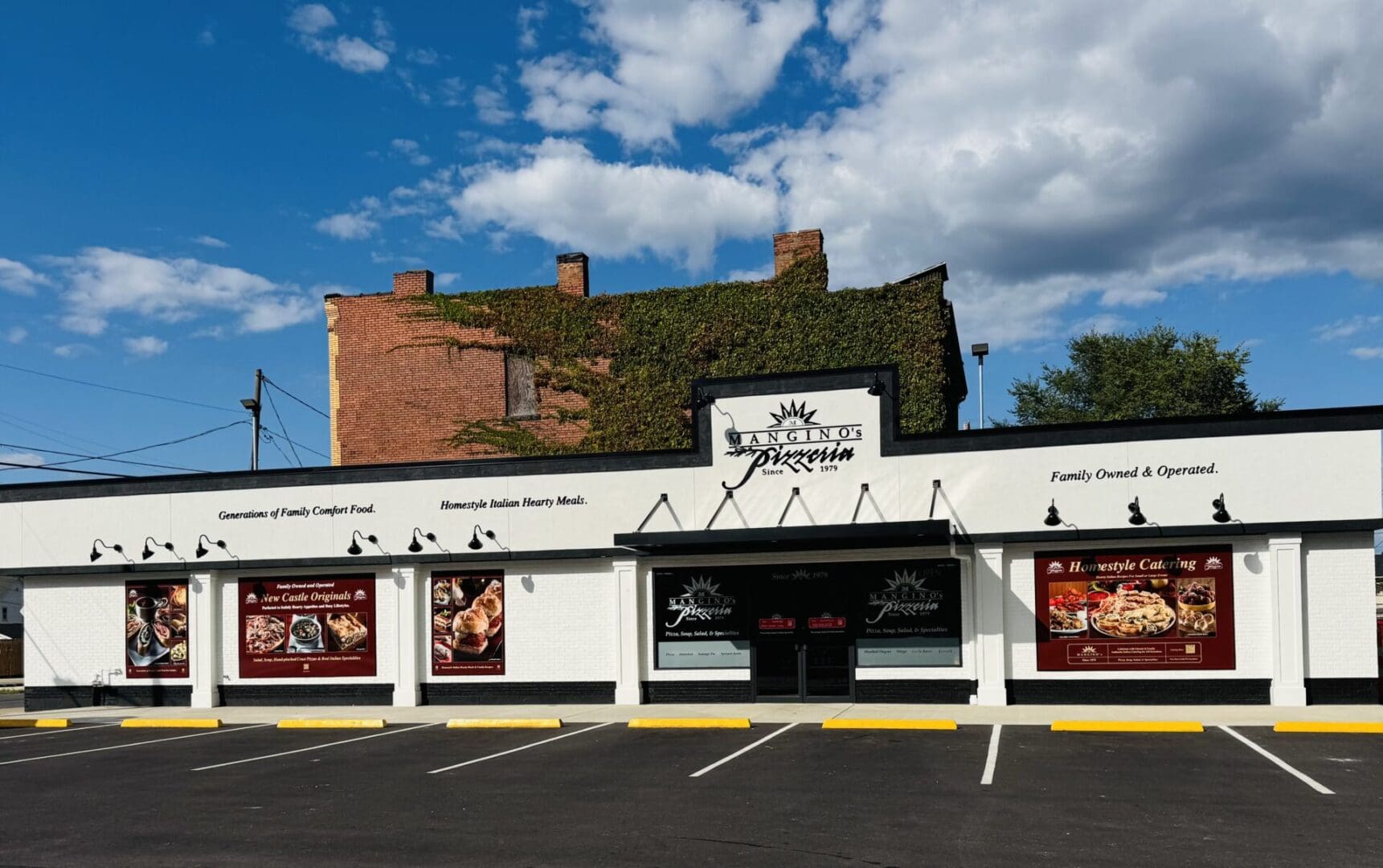 White pizzeria storefront with empty parking lot