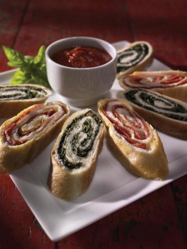 Pepperoni & Spinach Rolls (shown sliced)